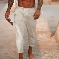 Online OUKU Men's Linen Pants Trousers Summer Pants Drawstring Elastic Waist Plain Comfort Breathable Daily Beach Fashion Simple Black White Micro-elastic