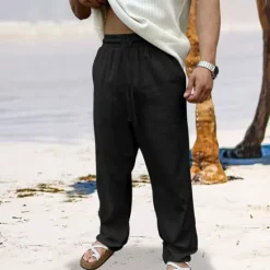 Sale OUKU Men's Linen Pants Trousers Summer Pants Beach Pants Drawstring Elastic Waist Straight Leg Plain Comfort Breathable Full Length Outdoor Daily Holiday Vacation Fashion Black White