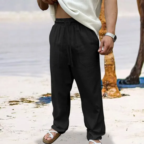 Sale OUKU Men's Linen Pants Trousers Summer Pants Beach Pants Drawstring Elastic Waist Straight Leg Plain Comfort Breathable Full Length Outdoor Daily Holiday Vacation Fashion Black White