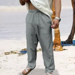 Sale OUKU Men's Linen Pants Trousers Summer Pants Beach Pants Drawstring Elastic Waist Straight Leg Plain Comfort Breathable Full Length Outdoor Daily Holiday Vacation Fashion Black White
