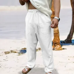 Sale OUKU Men's Linen Pants Trousers Summer Pants Beach Pants Drawstring Elastic Waist Straight Leg Plain Comfort Breathable Full Length Outdoor Daily Holiday Vacation Fashion Black White