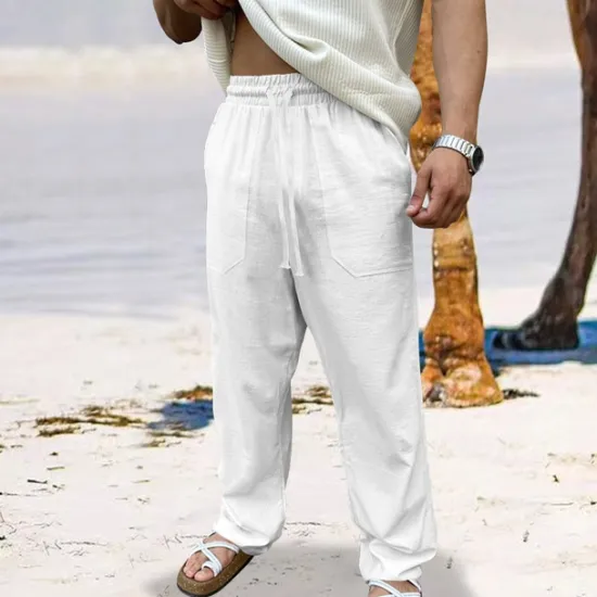 Sale OUKU Men's Linen Pants Trousers Summer Pants Beach Pants Drawstring Elastic Waist Straight Leg Plain Comfort Breathable Full Length Outdoor Daily Holiday Vacation Fashion Black White