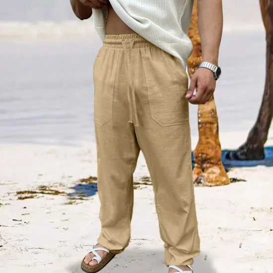 Sale OUKU Men's Linen Pants Trousers Summer Pants Beach Pants Drawstring Elastic Waist Straight Leg Plain Comfort Breathable Full Length Outdoor Daily Holiday Vacation Fashion Black White