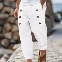 Discount OUKU Men's Linen Pants Trousers Summer Pants Beach Pants Gurkha Pants Buttons Drawstring Elastic Waist Plain Comfort Breathable Full Length Casual Daily Holiday Classic Style Retro Vintage Black White