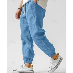 Clearance OUKU Men's Linen Pants Trousers Summer Pants Elastic Waist Straight Leg High Rise Solid Color Comfort Breathable Full Length Wedding Holiday Vacation Fashion Gray Green Black High Waist Inelastic