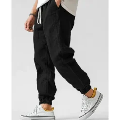 Clearance OUKU Men's Linen Pants Trousers Summer Pants Elastic Waist Straight Leg High Rise Solid Color Comfort Breathable Full Length Wedding Holiday Vacation Fashion Gray Green Black High Waist Inelastic