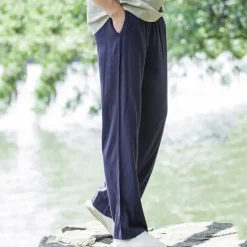 Sale OUKU Men's Linen Pants Trousers Summer Pants Beach Pants Pocket Drawstring Elastic Waist Plain Comfort Breathable Daily Holiday Vacation Hawaiian Boho Black Navy Blue
