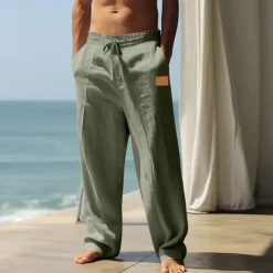Clearance OUKU Men's Linen Pants Trousers Summer Pants Beach Pants Pocket Drawstring Elastic Waist Plain Comfort Breathable Full Length Casual Daily Holiday Fashion Classic Style Black White