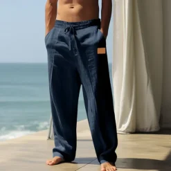 Clearance OUKU Men's Linen Pants Trousers Summer Pants Beach Pants Pocket Drawstring Elastic Waist Plain Comfort Breathable Full Length Casual Daily Holiday Fashion Classic Style Black White