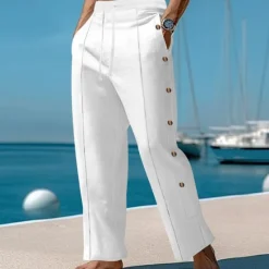 Best OUKU Men's Linen Pants Trousers Summer Pants Beach Pants Elastic Waist Side Button Pleats Plain Comfort Breathable Full Length Casual Daily Holiday Vacation Fashion Black White