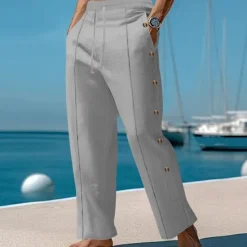 Best OUKU Men's Linen Pants Trousers Summer Pants Beach Pants Elastic Waist Side Button Pleats Plain Comfort Breathable Full Length Casual Daily Holiday Vacation Fashion Black White