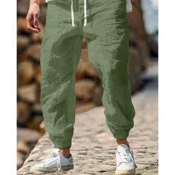 Sale OUKU Men's Linen Pants Trousers Summer Pants Elastic Waist Straight Leg High Rise Solid Color Comfort Breathable Full Length Outdoor Home Casual Vacation Fashion Gray Green Black High Waist Inelastic