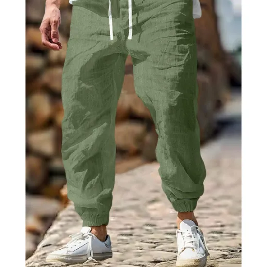 Sale OUKU Men's Linen Pants Trousers Summer Pants Elastic Waist Straight Leg High Rise Solid Color Comfort Breathable Full Length Outdoor Home Casual Vacation Fashion Gray Green Black High Waist Inelastic