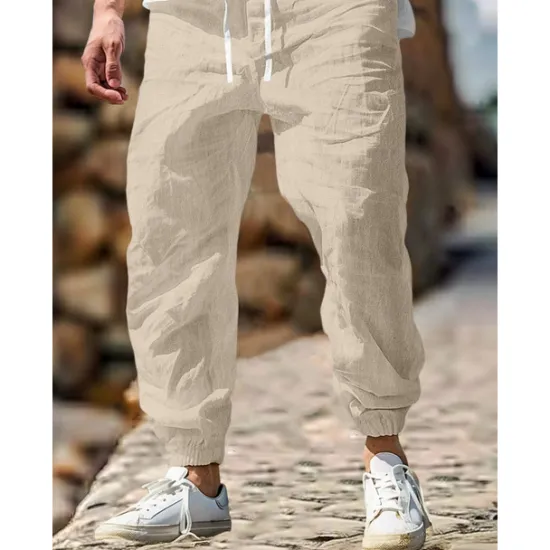 Sale OUKU Men's Linen Pants Trousers Summer Pants Elastic Waist Straight Leg High Rise Solid Color Comfort Breathable Full Length Outdoor Home Casual Vacation Fashion Gray Green Black High Waist Inelastic