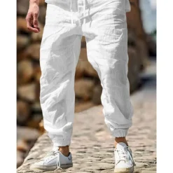 Sale OUKU Men's Linen Pants Trousers Summer Pants Elastic Waist Straight Leg High Rise Solid Color Comfort Breathable Full Length Outdoor Home Casual Vacation Fashion Gray Green Black High Waist Inelastic