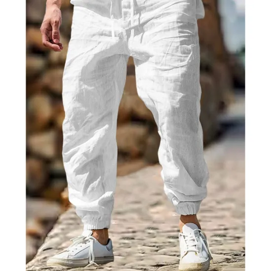 Sale OUKU Men's Linen Pants Trousers Summer Pants Elastic Waist Straight Leg High Rise Solid Color Comfort Breathable Full Length Outdoor Home Casual Vacation Fashion Gray Green Black High Waist Inelastic