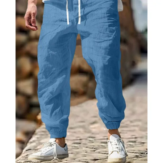 Sale OUKU Men's Linen Pants Trousers Summer Pants Elastic Waist Straight Leg High Rise Solid Color Comfort Breathable Full Length Outdoor Home Casual Vacation Fashion Gray Green Black High Waist Inelastic