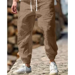 Sale OUKU Men's Linen Pants Trousers Summer Pants Elastic Waist Straight Leg High Rise Solid Color Comfort Breathable Full Length Outdoor Home Casual Vacation Fashion Gray Green Black High Waist Inelastic