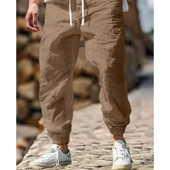 Sale OUKU Men's Linen Pants Trousers Summer Pants Elastic Waist Straight Leg High Rise Solid Color Comfort Breathable Full Length Outdoor Home Casual Vacation Fashion Gray Green Black High Waist Inelastic