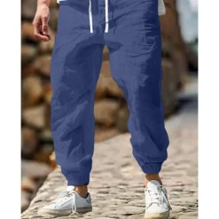 Sale OUKU Men's Linen Pants Trousers Summer Pants Elastic Waist Straight Leg High Rise Solid Color Comfort Breathable Full Length Outdoor Home Casual Vacation Fashion Gray Green Black High Waist Inelastic