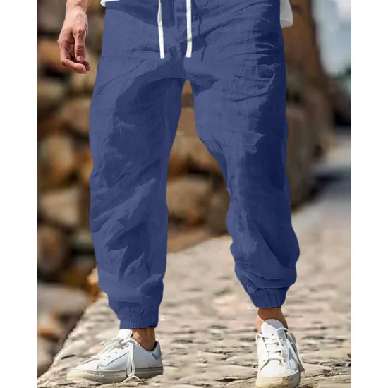 Sale OUKU Men's Linen Pants Trousers Summer Pants Elastic Waist Straight Leg High Rise Solid Color Comfort Breathable Full Length Outdoor Home Casual Vacation Fashion Gray Green Black High Waist Inelastic