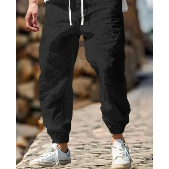 Sale OUKU Men's Linen Pants Trousers Summer Pants Elastic Waist Straight Leg High Rise Solid Color Comfort Breathable Full Length Outdoor Home Casual Vacation Fashion Gray Green Black High Waist Inelastic