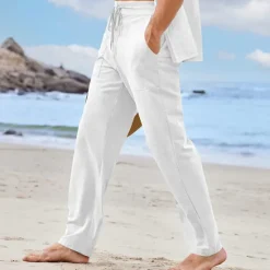 Sale OUKU Men's Linen Pants Trousers Summer Pants Pocket Plain Comfort Breathable Outdoor Daily Going out Fashion Casual White Khaki