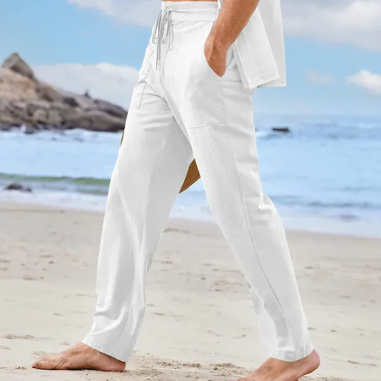 Sale OUKU Men's Linen Pants Trousers Summer Pants Pocket Plain Comfort Breathable Outdoor Daily Going out Fashion Casual White Khaki