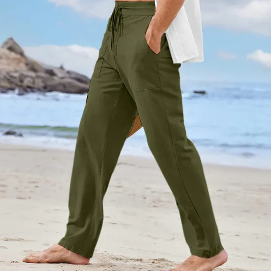 Sale OUKU Men's Linen Pants Trousers Summer Pants Pocket Plain Comfort Breathable Outdoor Daily Going out Fashion Casual White Khaki