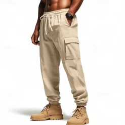 New OUKU Men's Linen Pants Trousers Summer Pants Beach Pants Pocket Drawstring Elastic Waist Plain Comfort Breathable Vacation Daily Holiday Hawaiian Boho Black White