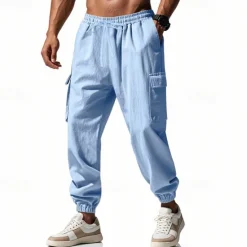 New OUKU Men's Linen Pants Trousers Summer Pants Beach Pants Pocket Drawstring Elastic Waist Plain Comfort Breathable Vacation Daily Holiday Hawaiian Boho Black White