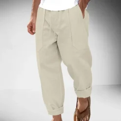 Clearance OUKU Men's Linen Pants Trousers Summer Pants Drawstring Elastic Waist Straight Leg Plain Comfort Breathable Full Length Outdoor Casual Daily Fashion Classic Style Black White