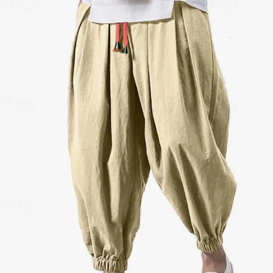 OUKU Men's Linen Pants Trousers Summer Pants Bloomers Beach Pants Pocket Drawstring Elastic Waist Plain Comfort Breathable Vacation Daily Holiday Casual Loose ArmyGreen Black