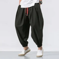 OUKU Men's Linen Pants Trousers Summer Pants Bloomers Beach Pants Pocket Drawstring Elastic Waist Plain Comfort Breathable Vacation Daily Holiday Casual Loose ArmyGreen Black