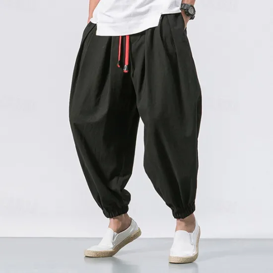 OUKU Men's Linen Pants Trousers Summer Pants Bloomers Beach Pants Pocket Drawstring Elastic Waist Plain Comfort Breathable Vacation Daily Holiday Casual Loose ArmyGreen Black