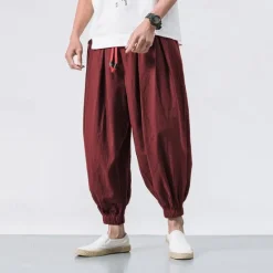 OUKU Men's Linen Pants Trousers Summer Pants Bloomers Beach Pants Pocket Drawstring Elastic Waist Plain Comfort Breathable Vacation Daily Holiday Casual Loose ArmyGreen Black