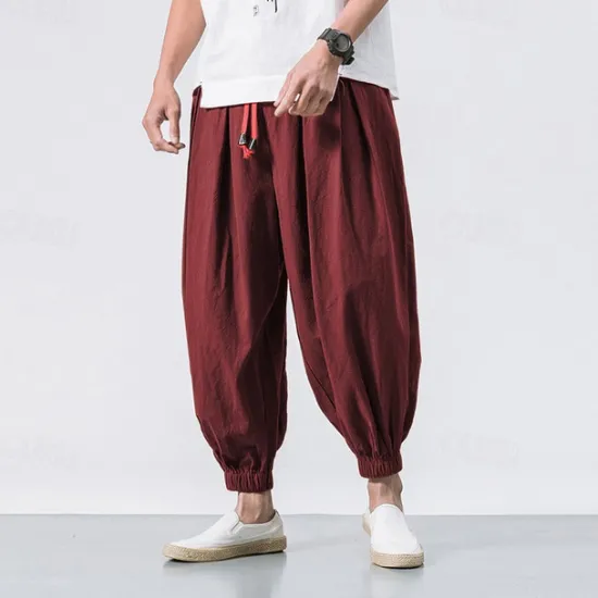 OUKU Men's Linen Pants Trousers Summer Pants Bloomers Beach Pants Pocket Drawstring Elastic Waist Plain Comfort Breathable Vacation Daily Holiday Casual Loose ArmyGreen Black