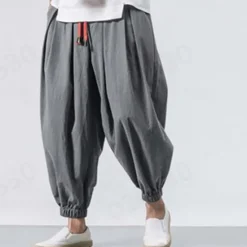 OUKU Men's Linen Pants Trousers Summer Pants Bloomers Beach Pants Pocket Drawstring Elastic Waist Plain Comfort Breathable Vacation Daily Holiday Casual Loose ArmyGreen Black