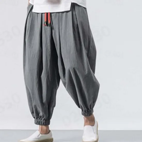 OUKU Men's Linen Pants Trousers Summer Pants Bloomers Beach Pants Pocket Drawstring Elastic Waist Plain Comfort Breathable Vacation Daily Holiday Casual Loose ArmyGreen Black