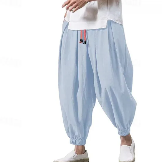 OUKU Men's Linen Pants Trousers Summer Pants Bloomers Beach Pants Pocket Drawstring Elastic Waist Plain Comfort Breathable Vacation Daily Holiday Casual Loose ArmyGreen Black