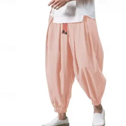 OUKU Men's Linen Pants Trousers Summer Pants Bloomers Beach Pants Pocket Drawstring Elastic Waist Plain Comfort Breathable Vacation Daily Holiday Casual Loose ArmyGreen Black