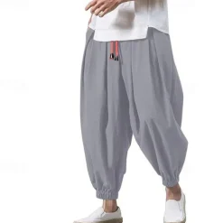 OUKU Men's Linen Pants Trousers Summer Pants Bloomers Beach Pants Pocket Drawstring Elastic Waist Plain Comfort Breathable Vacation Daily Holiday Casual Loose ArmyGreen Black