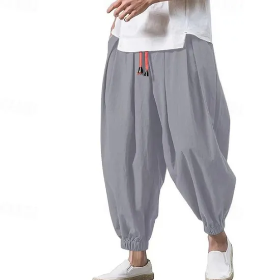 OUKU Men's Linen Pants Trousers Summer Pants Bloomers Beach Pants Pocket Drawstring Elastic Waist Plain Comfort Breathable Vacation Daily Holiday Casual Loose ArmyGreen Black