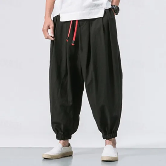 OUKU Men's Linen Pants Trousers Summer Pants Bloomers Beach Pants Pocket Drawstring Elastic Waist Plain Comfort Breathable Vacation Daily Holiday Casual Loose ArmyGreen Black