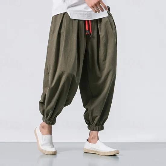 OUKU Men's Linen Pants Trousers Summer Pants Bloomers Beach Pants Pocket Drawstring Elastic Waist Plain Comfort Breathable Vacation Daily Holiday Casual Loose ArmyGreen Black