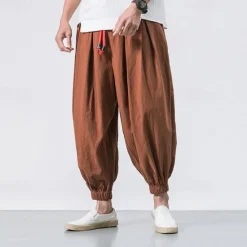 OUKU Men's Linen Pants Trousers Summer Pants Bloomers Beach Pants Pocket Drawstring Elastic Waist Plain Comfort Breathable Vacation Daily Holiday Casual Loose ArmyGreen Black