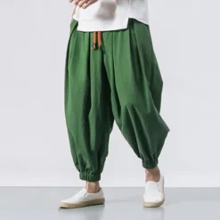 OUKU Men's Linen Pants Trousers Summer Pants Bloomers Beach Pants Pocket Drawstring Elastic Waist Plain Comfort Breathable Vacation Daily Holiday Casual Loose ArmyGreen Black