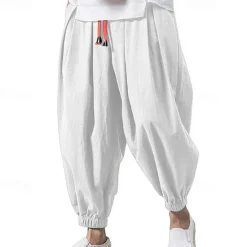 OUKU Men's Linen Pants Trousers Summer Pants Bloomers Beach Pants Pocket Drawstring Elastic Waist Plain Comfort Breathable Vacation Daily Holiday Casual Loose ArmyGreen Black