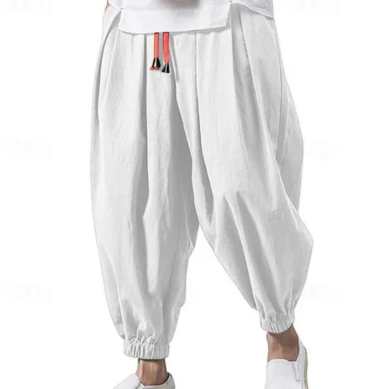 OUKU Men's Linen Pants Trousers Summer Pants Bloomers Beach Pants Pocket Drawstring Elastic Waist Plain Comfort Breathable Vacation Daily Holiday Casual Loose ArmyGreen Black