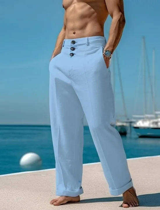 Clearance OUKU Men's Linen Pants Trousers Summer Pants Beach Pants Front Pocket Straight Leg Plain Comfort Breathable Casual Daily Holiday Fashion Basic Black White